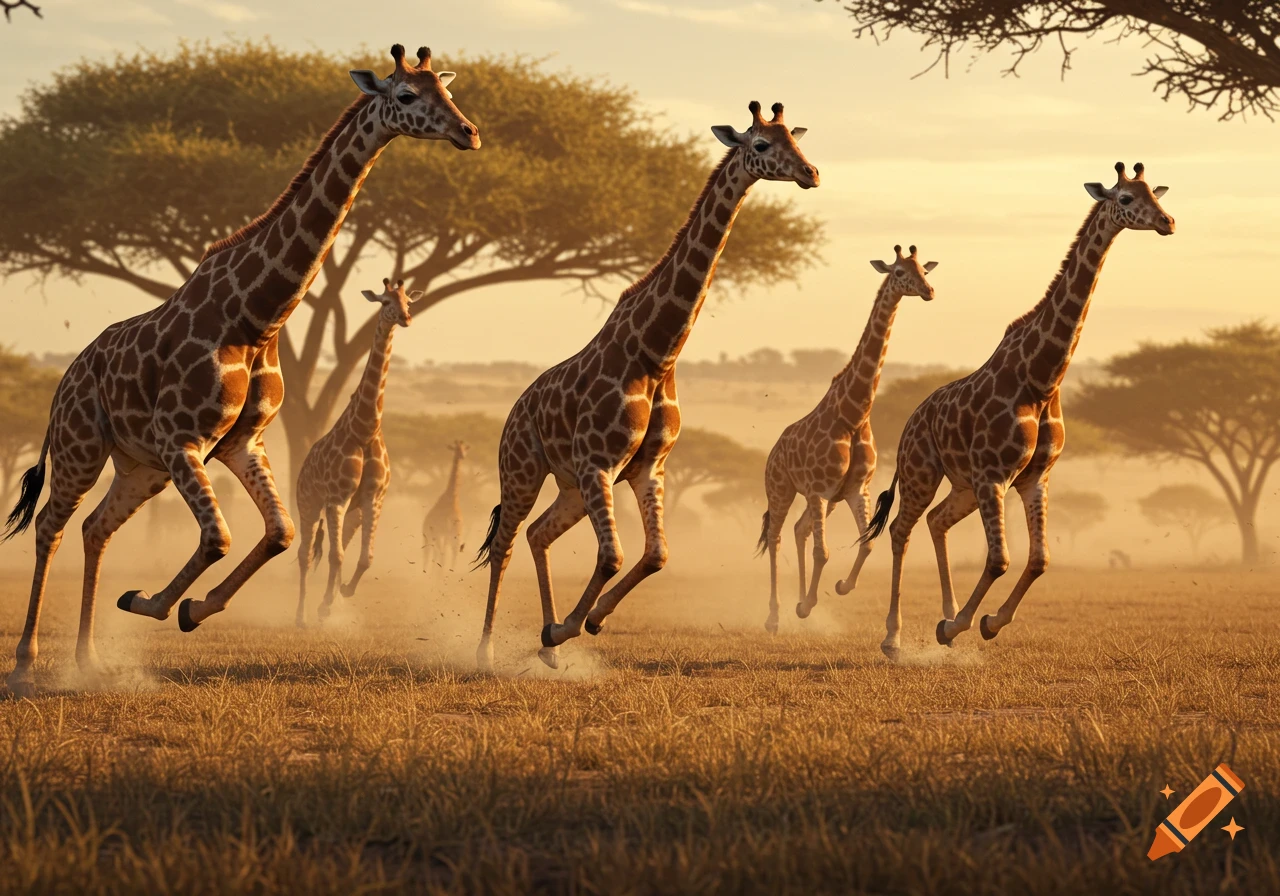 Several giraffes run across a dusty savanna with acacia trees in the background at sunset.
