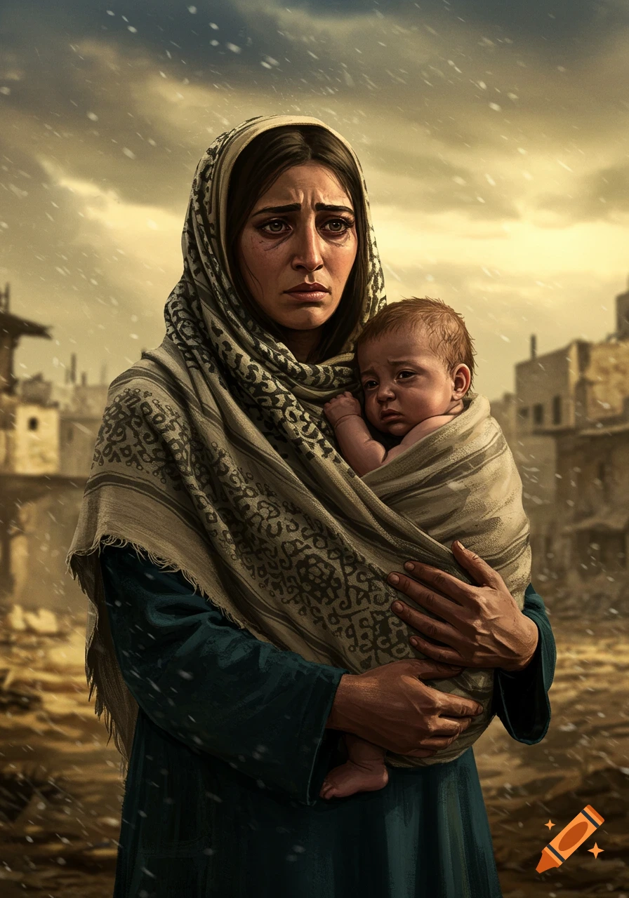 A distressed woman in a headscarf holds a baby wrapped in a shawl, standing in a desolate, ruined landscape under a cloudy, snowy sky.