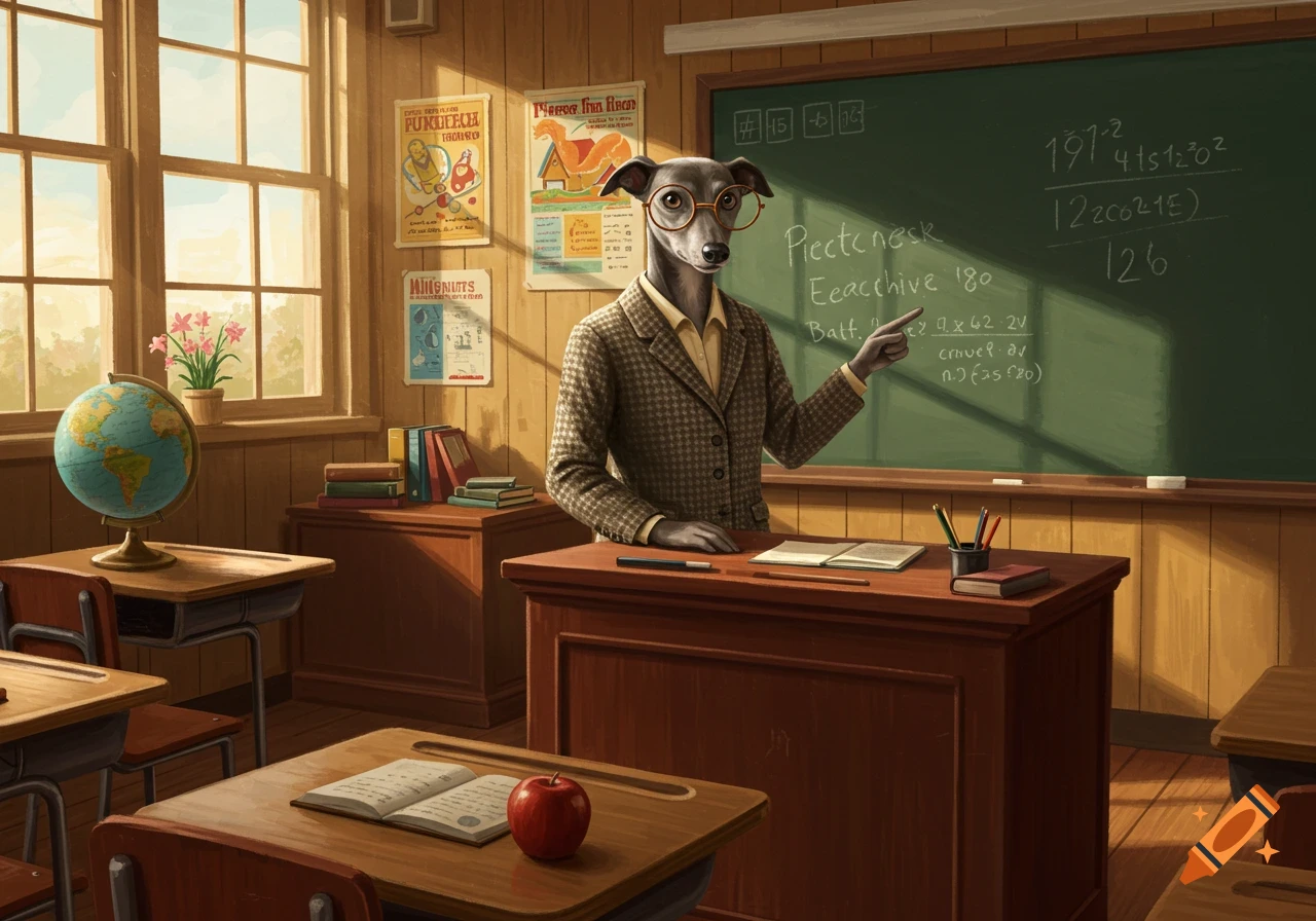An anthropomorphic grayhound teacher in a tweed jacket and glasses points at a blackboard in a 1980s-style classroom.