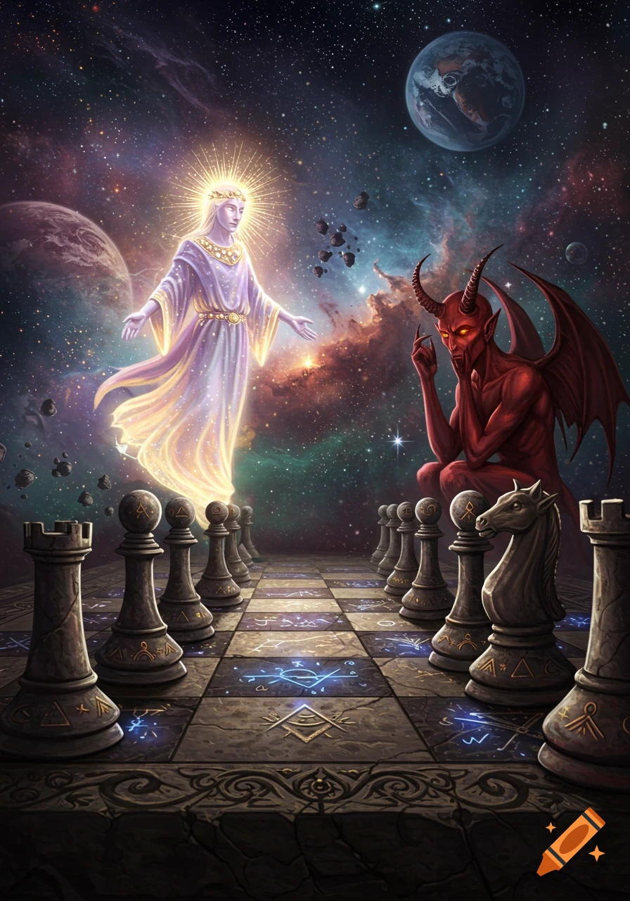 An angelic figure and a red devil figure play chess on a cosmic board amidst a starry galaxy with planets.
