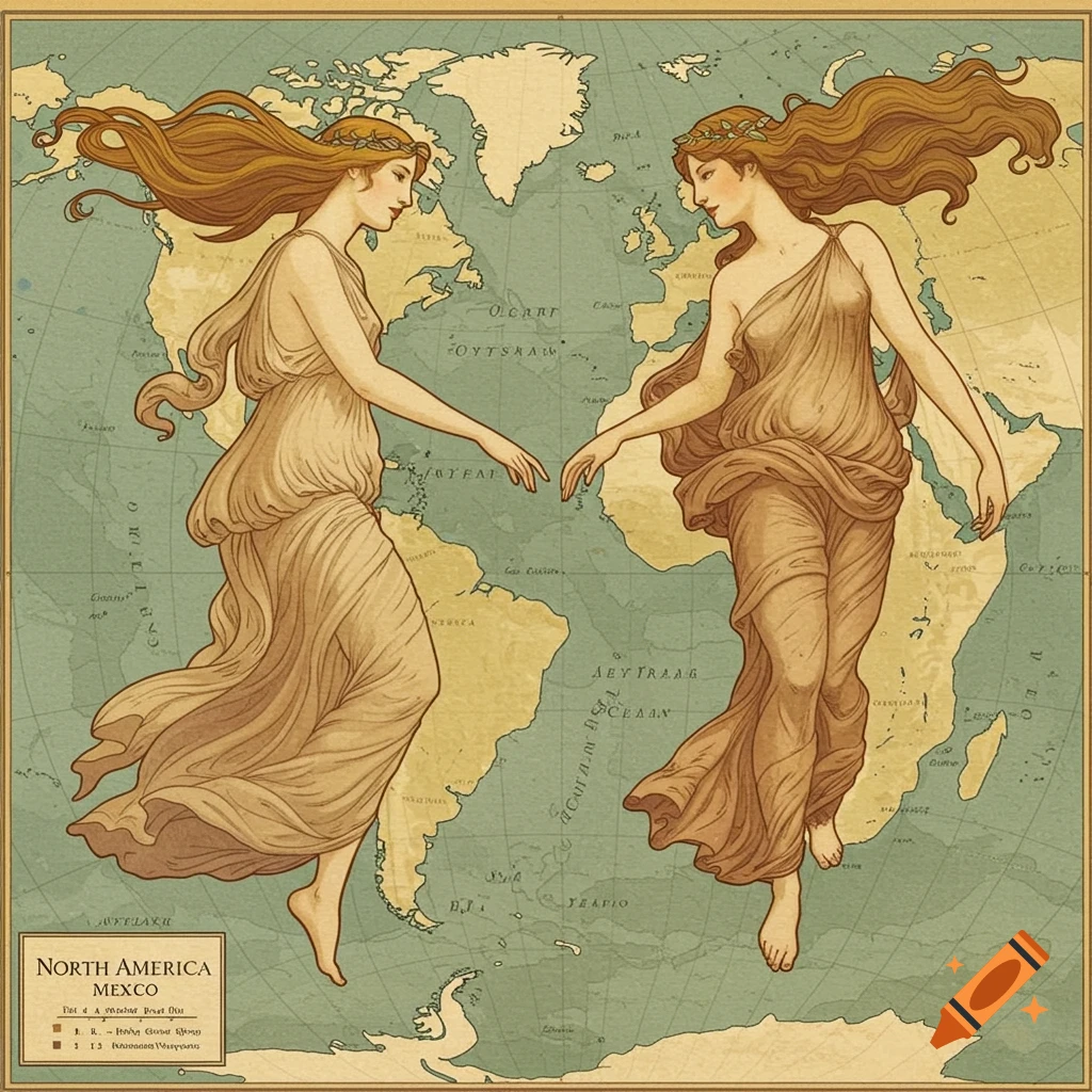 Art Nouveau style illustration of two women, symbolizing North and South America, reaching hands over a vintage world map.