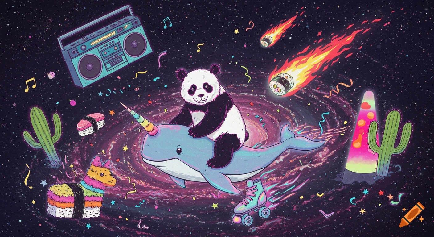 A cartoon panda rides a narwhal through a colorful galaxy with a boombox, cacti, sushi meteors, and a piñata.