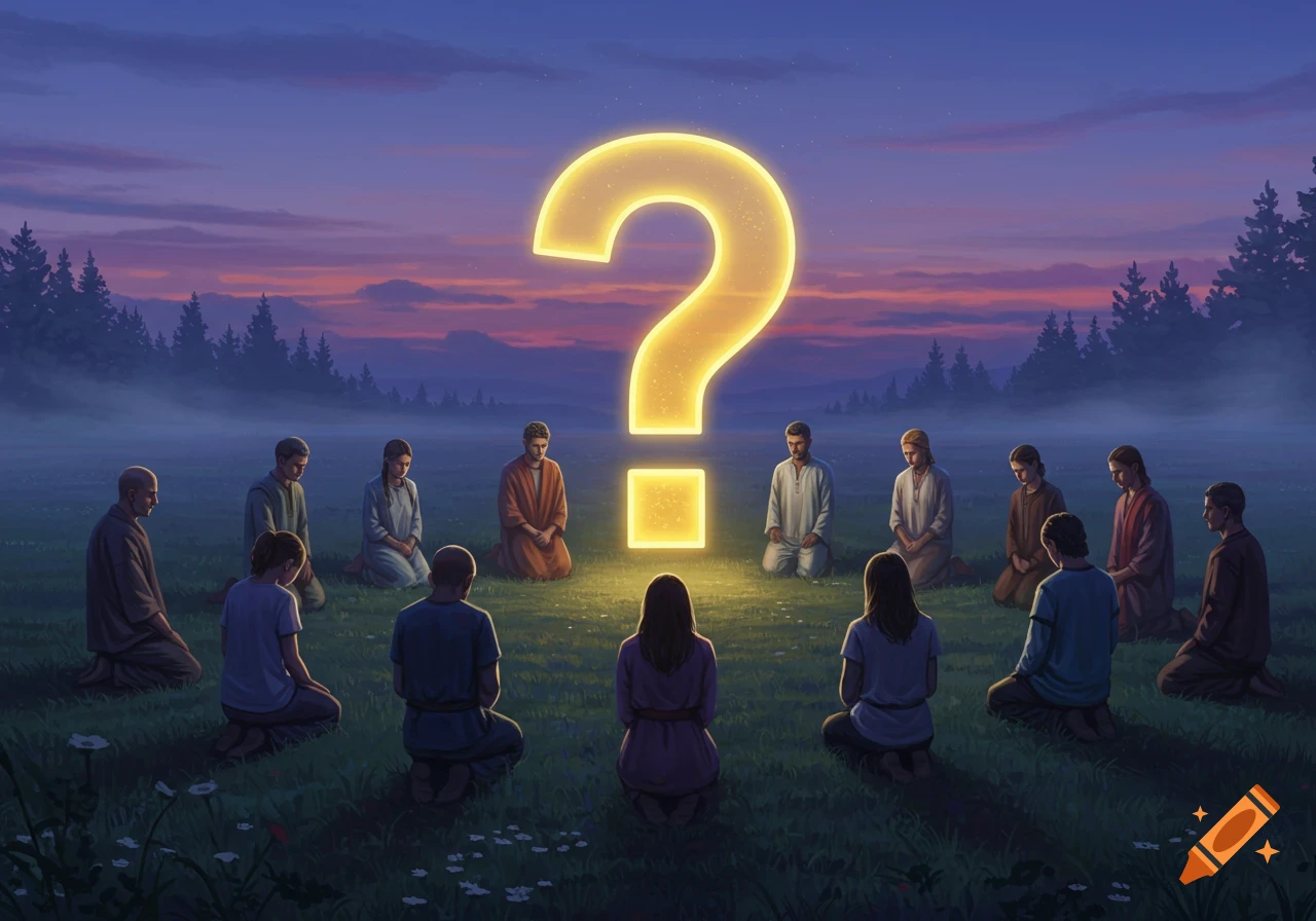 People kneel in a circle around a large glowing question mark in a field at twilight, with trees and a colorful sky. Illustrative.