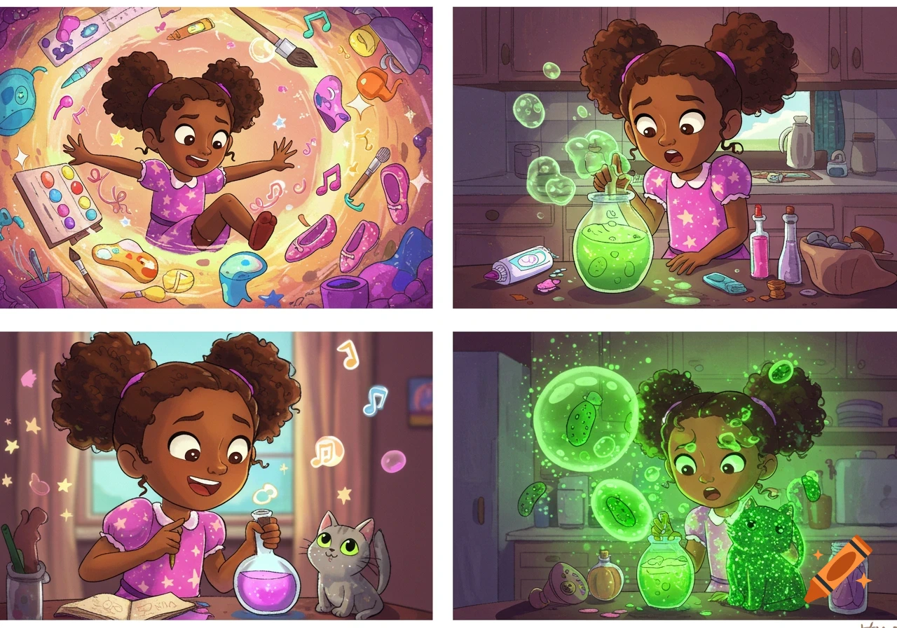 A multi-panel cartoon illustration of a girl's magical journey, from being surrounded by hobbies to creating glowing potions with her cat.