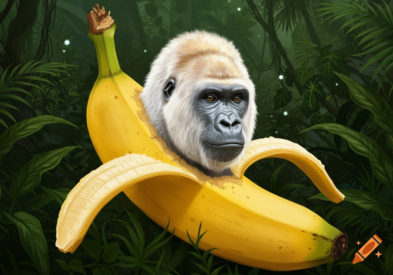A white-furred gorilla's head emerges from a partially peeled yellow banana in a lush dark jungle.