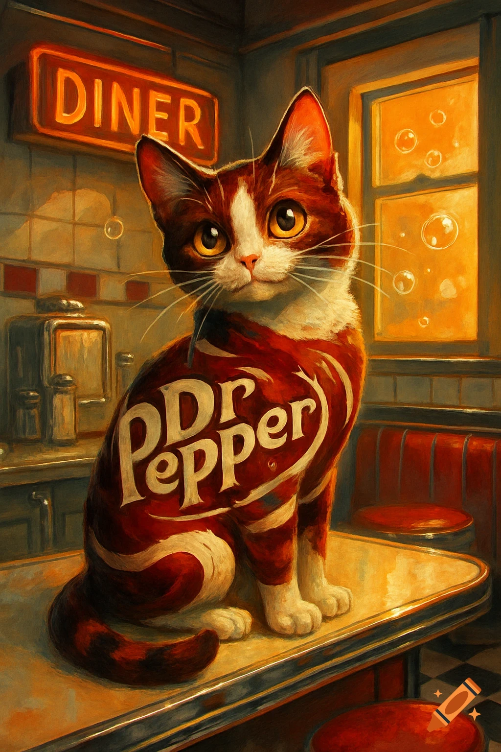 A cute, stylized cat with "Dr Pepper" written on its fur sits on a counter in a vintage-style diner with a "DINER" sign.