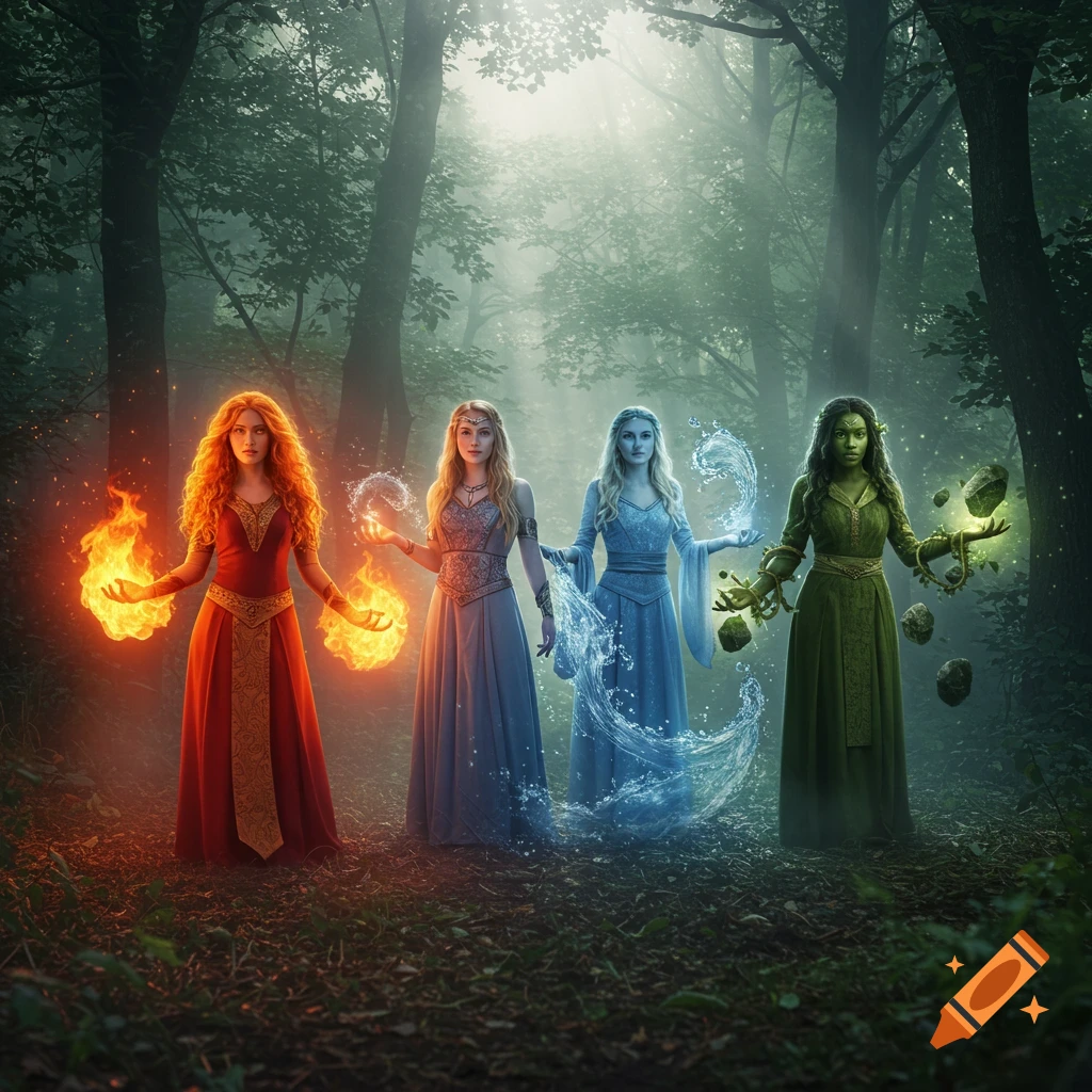 Four elemental sorceresses displaying fire, water, and earth magic in a mystical, foggy forest.