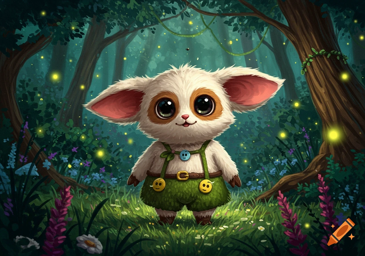 A cute furry creature with big eyes and ears, wearing green overalls, standing in a magical forest lit by glowing fireflies.