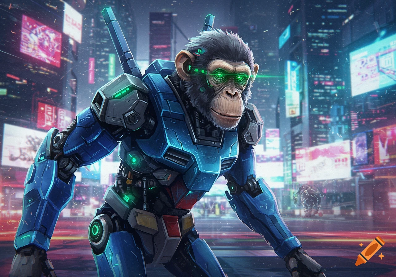 A chimpanzee in a blue robotic suit stands in a neon-lit cyberpunk city at night, digital art.