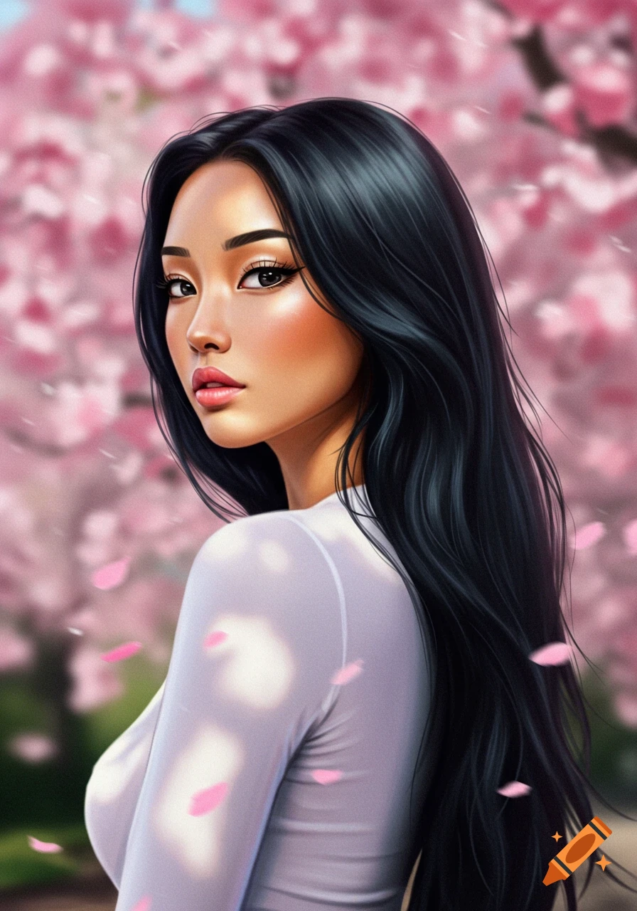 A digital art portrait of a young woman with long dark hair, looking over her shoulder against a blurry pink floral background.