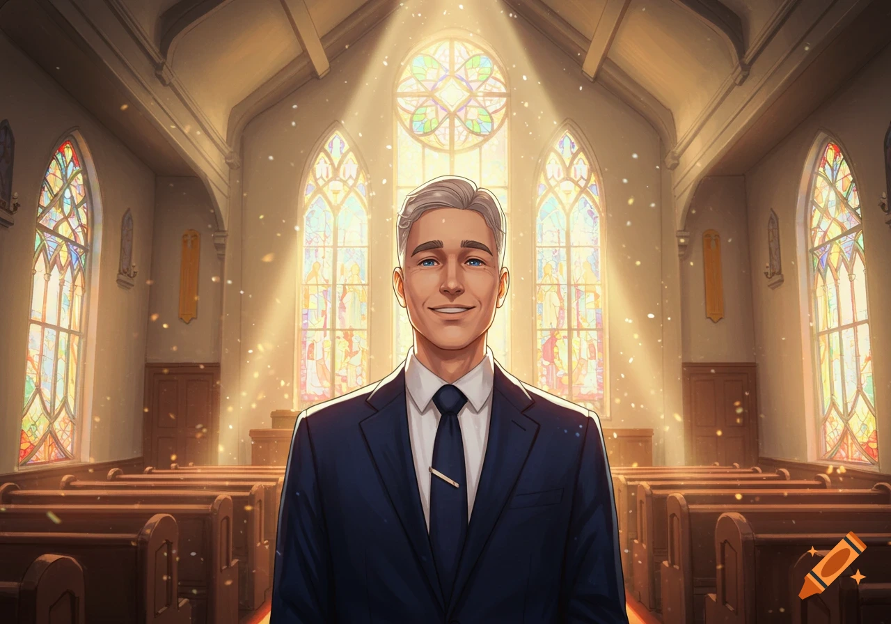 A smiling man with gray hair and blue eyes, wearing a dark suit, stands in a church with stained glass windows and light shining down.