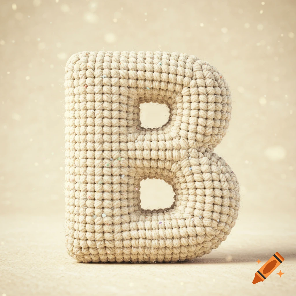 A capital letter B made of light beige crocheted material, standing on a light surface with a blurred background.