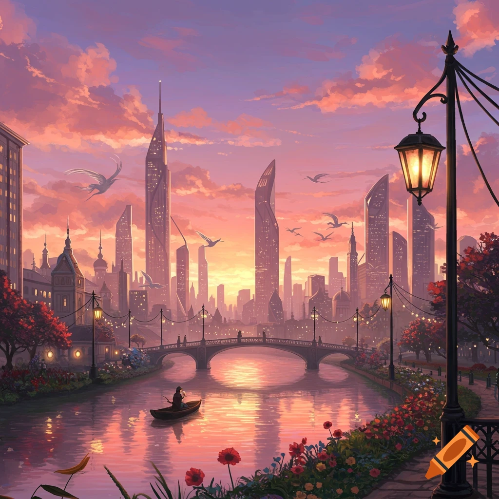 A vibrant, stylized cityscape at sunset with a river, a bridge, and a person in a boat. Flowering plants line the riverbank.