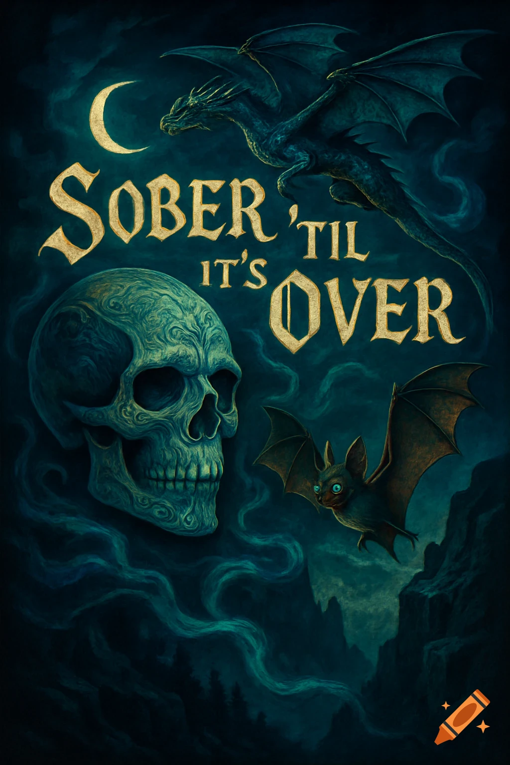 A dark fantasy illustration with a skull, a bat, and a dragon, featuring the text "SOBER 'TIL IT'S OVER" in gold lettering.