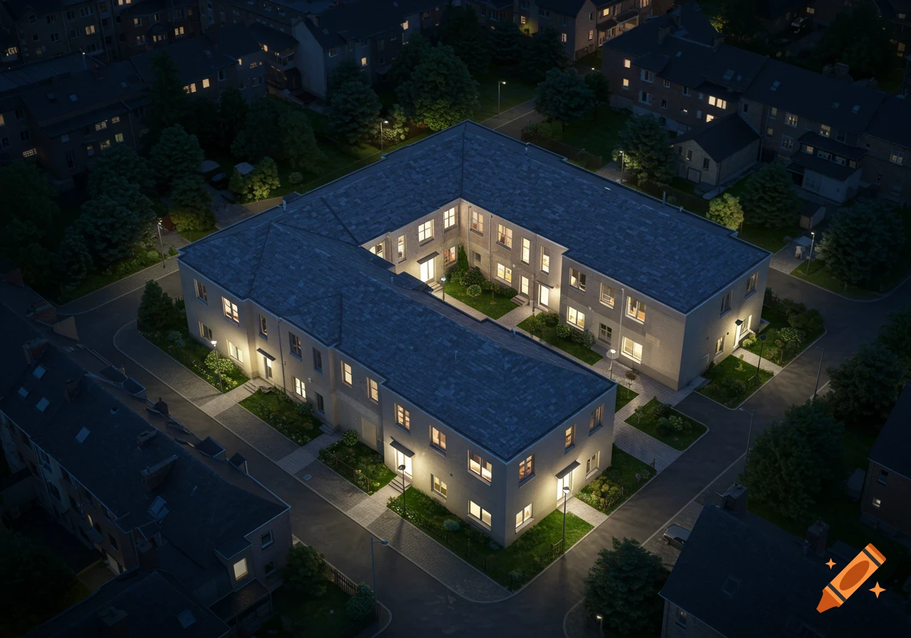 Photorealistic aerial view of a large U-shaped apartment building lit up at night, surrounded by residential streets and trees.