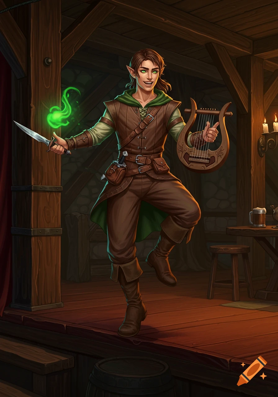A smiling male elf bard holding a dagger with green magic and a lyre, standing in a dimly lit tavern.