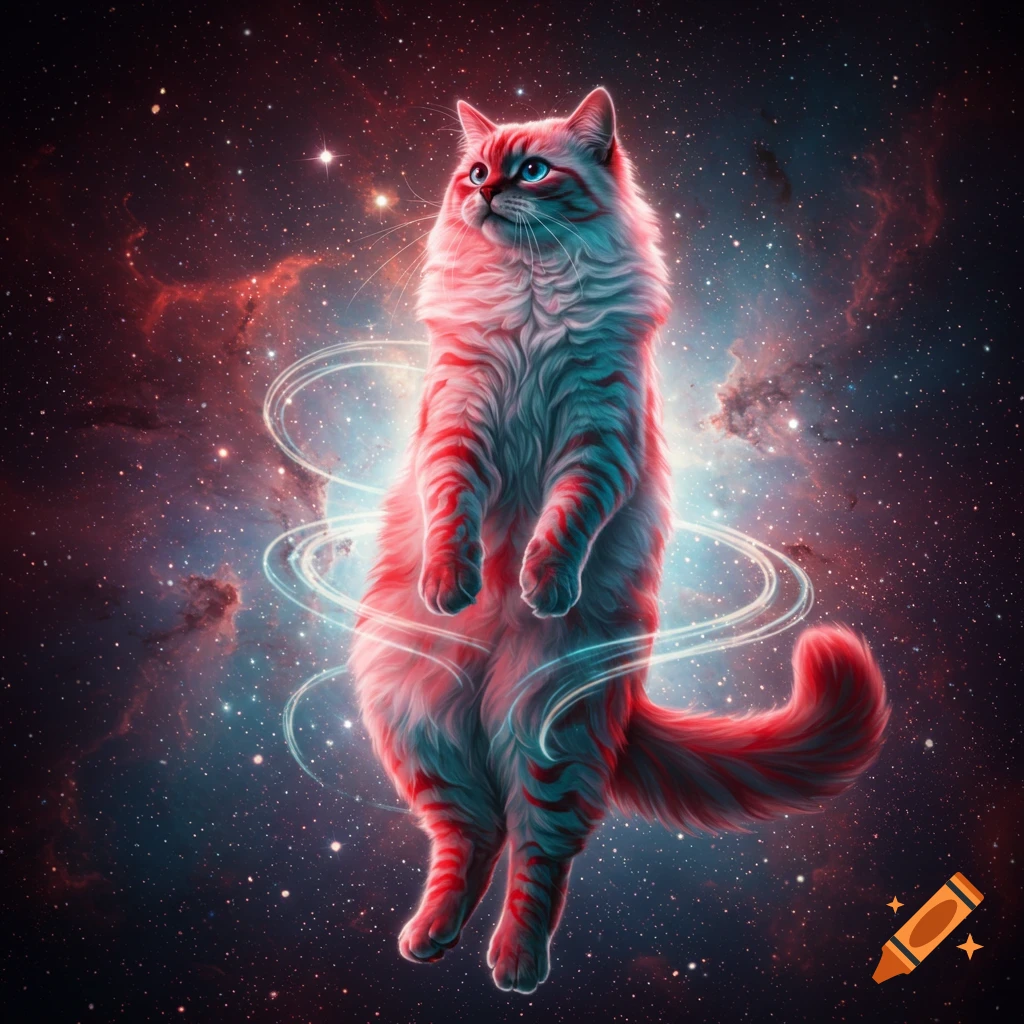 A majestic red and blue patterned cat floats in a vibrant cosmic nebula filled with stars.