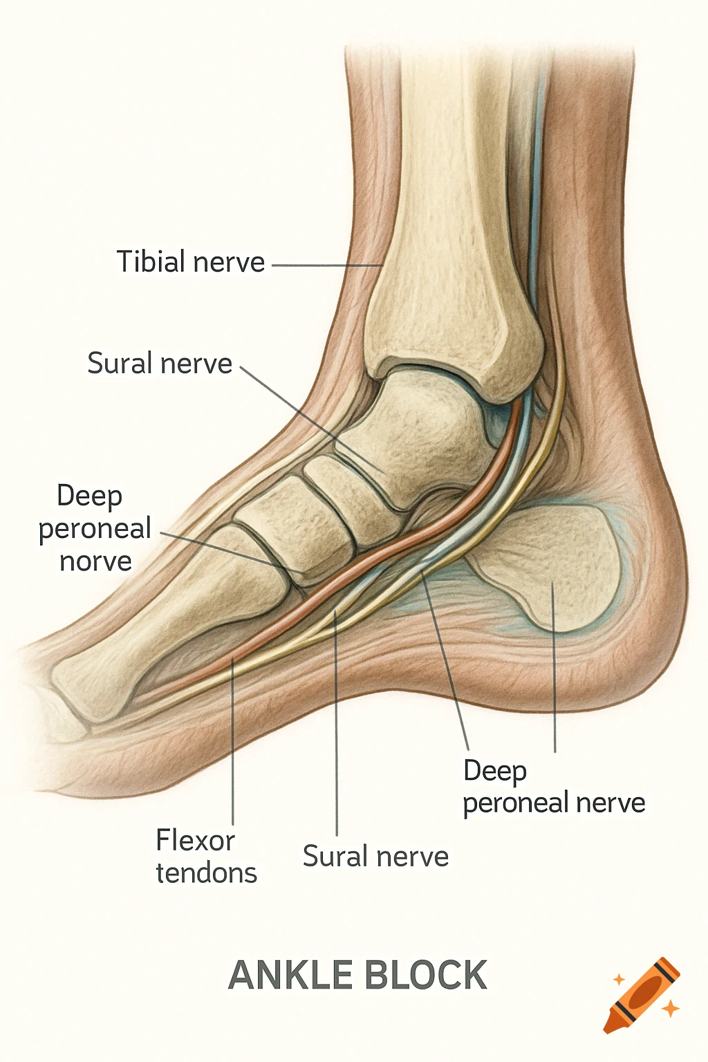 Anatomy illustration of the human ankle showing bones, tendons, and various nerves, with labels.
