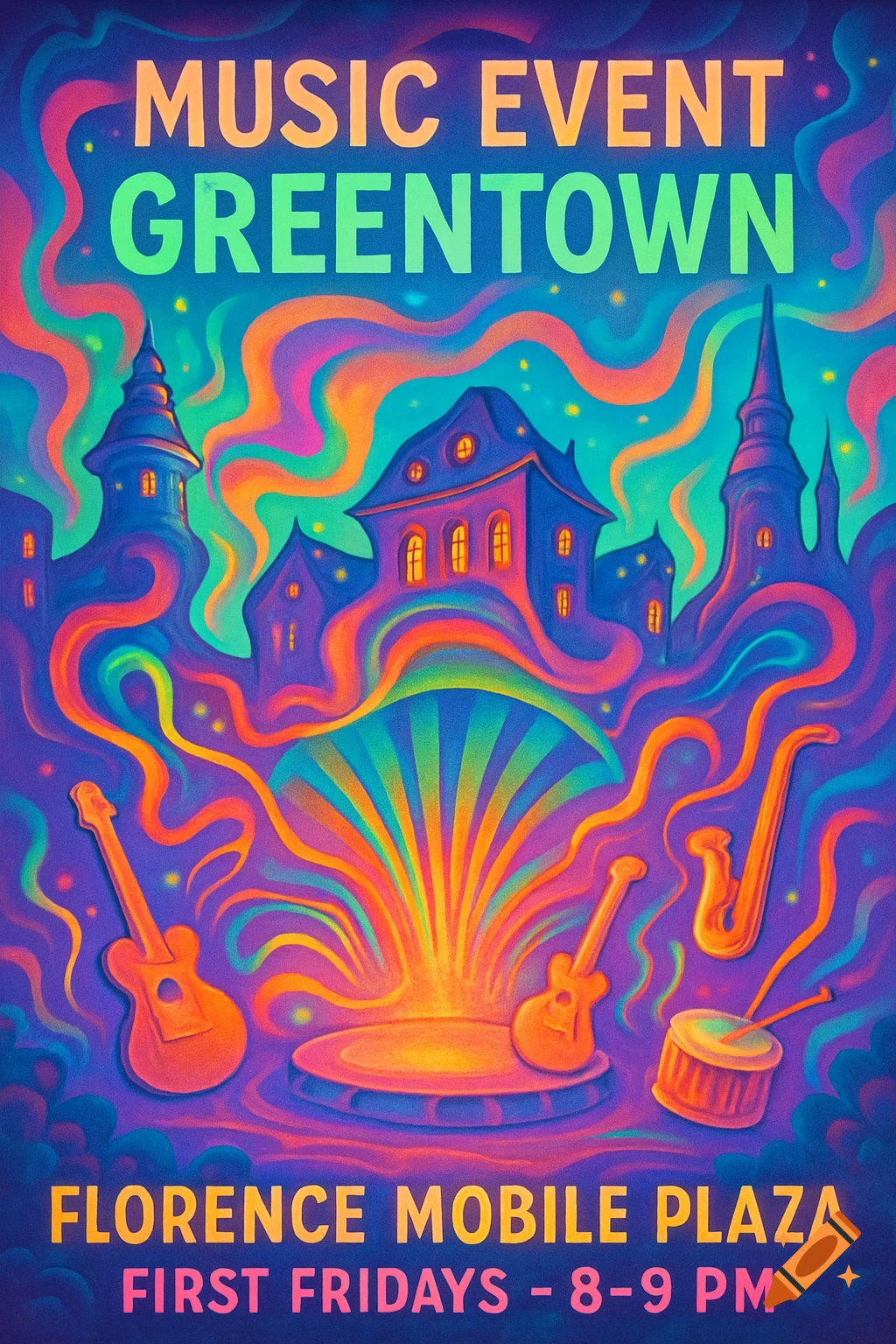 A psychedelic music event poster in vibrant colors, showing a cityscape with instruments and a glowing stage.