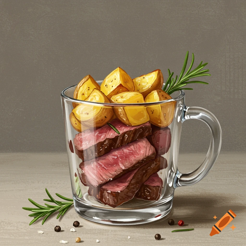 Sliced steak and roasted potato wedges fill a clear glass mug, garnished with fresh rosemary and scattered peppercorns.