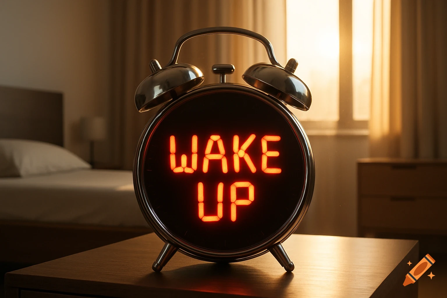An alarm clock displaying 'WAKE UP' in red letters on a nightstand in a sunlit bedroom.