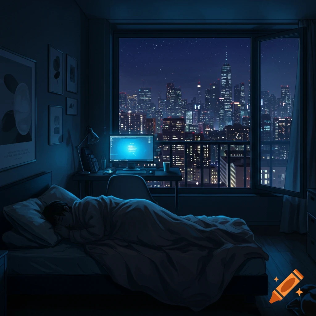 An anime-style image of a person sleeping in a dark bedroom at night, with a brightly lit computer screen on a desk and a city skyline visible through a large window.