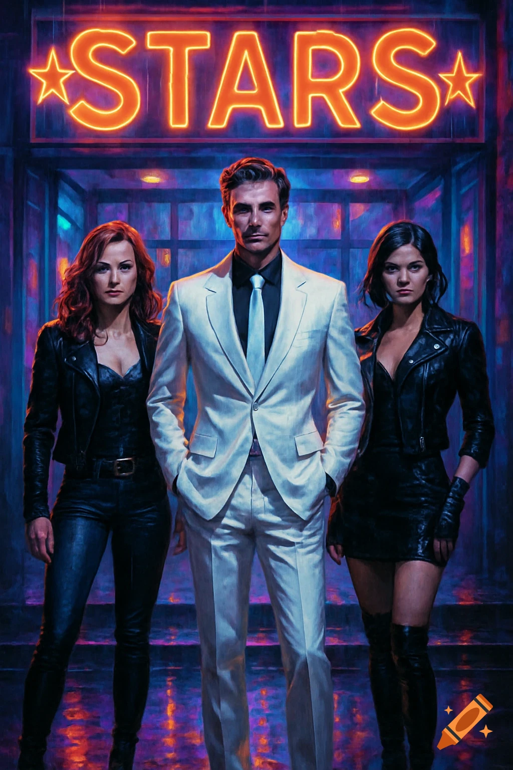 A man in a white suit stands between two women in black leather outfits under a neon 'STARS' sign outside a nightclub, in a digital art style.