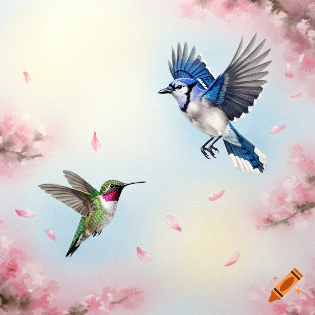 A watercolor painting depicts a blue jay and a hummingbird flying amidst pink cherry blossoms and falling petals.