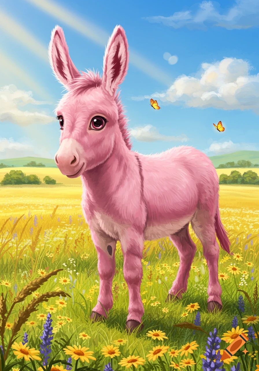 An illustrative pink donkey stands in a sunny field with yellow and purple flowers under a blue sky with butterflies.