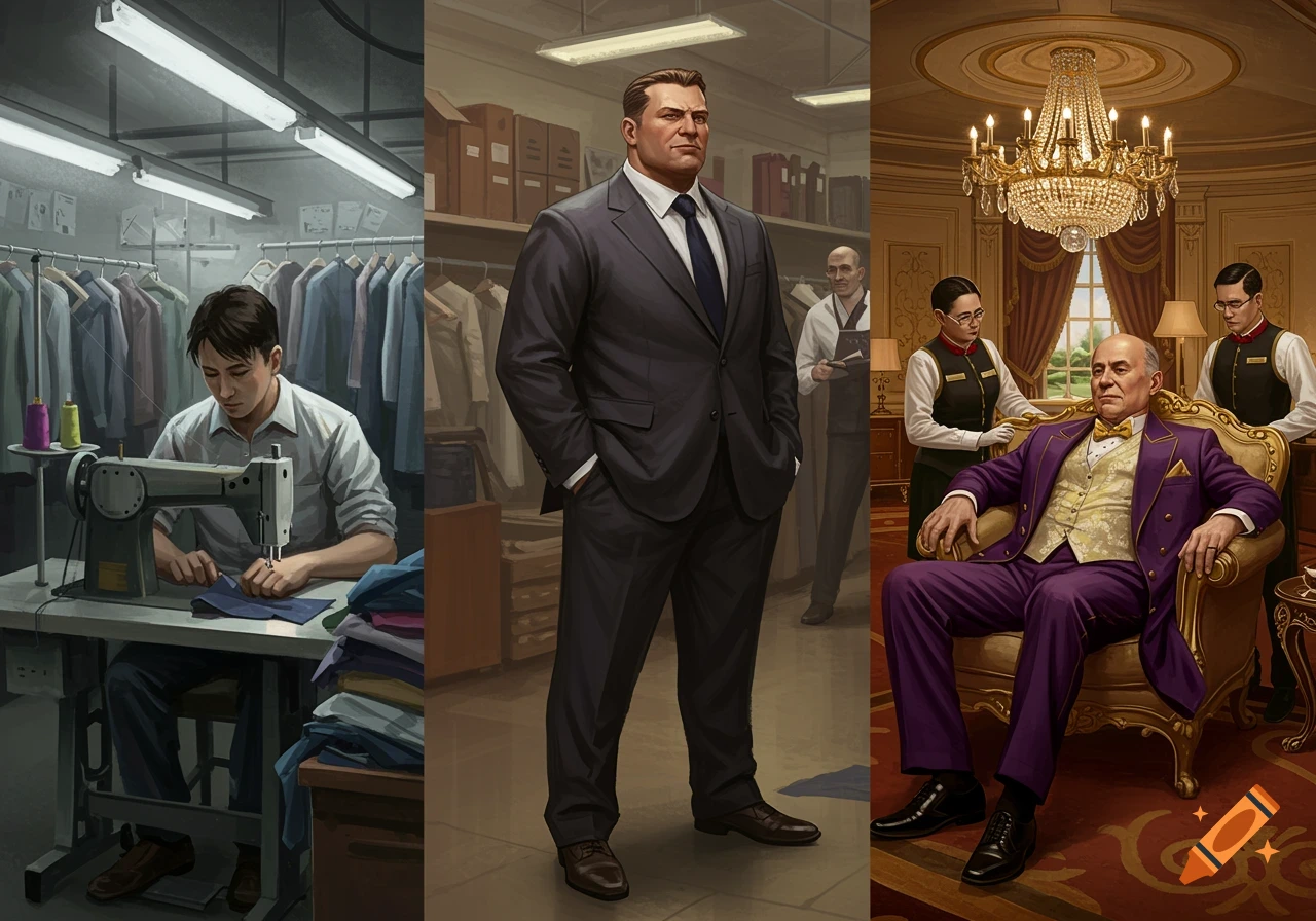 A triptych illustration showing a young tailor, a stern businessman, and a wealthy man attended by servants, depicting social progression.