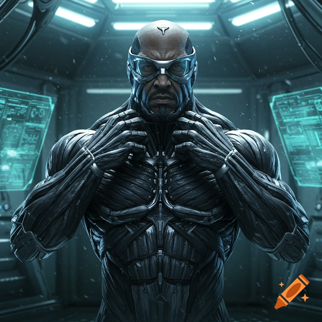 Photorealistic image of a strong man in a futuristic black and gray nanosuit and goggles in a sci-fi setting.