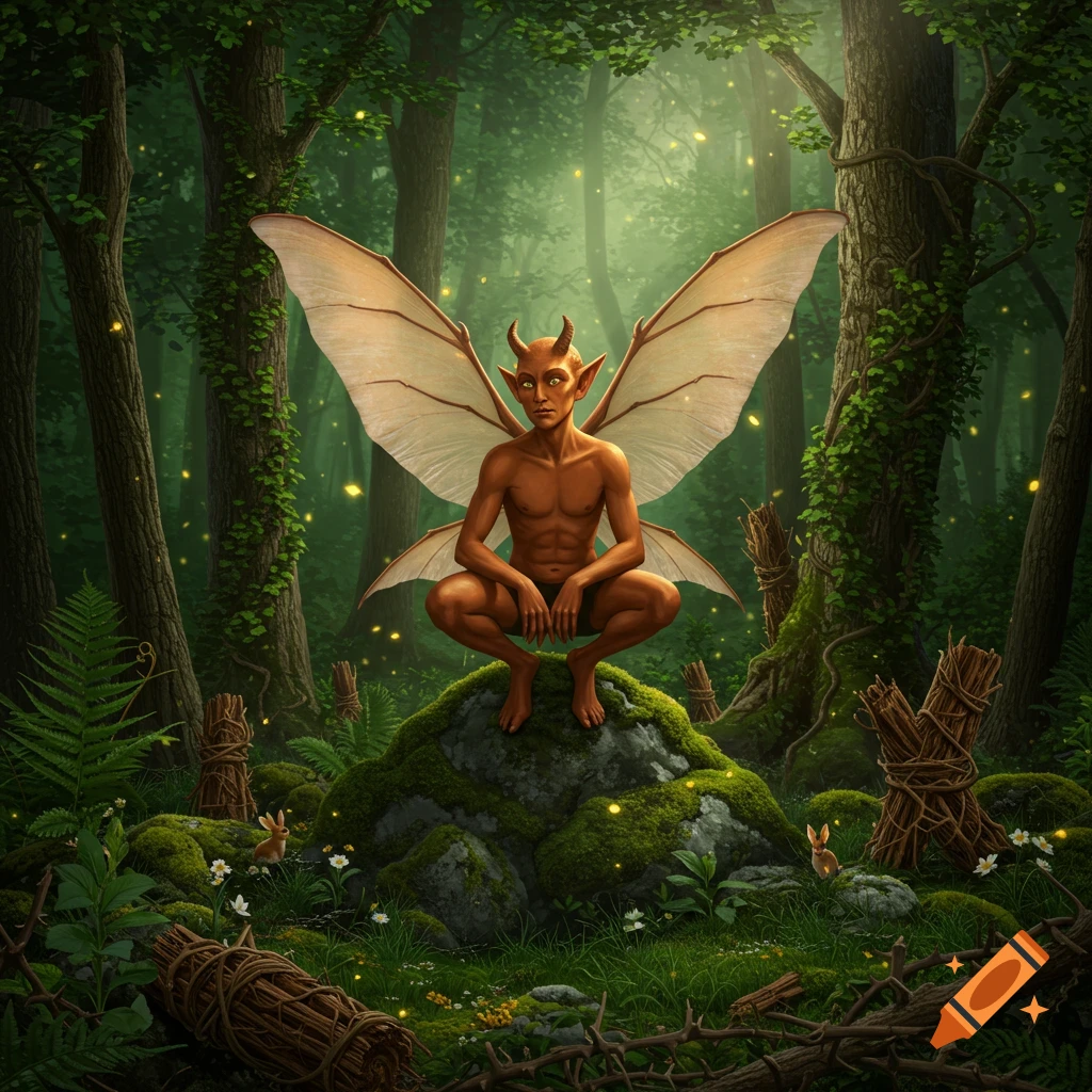 A horned imp with large bat wings squats on a mossy rock in a glowing, verdant forest with fireflies and small rabbits.