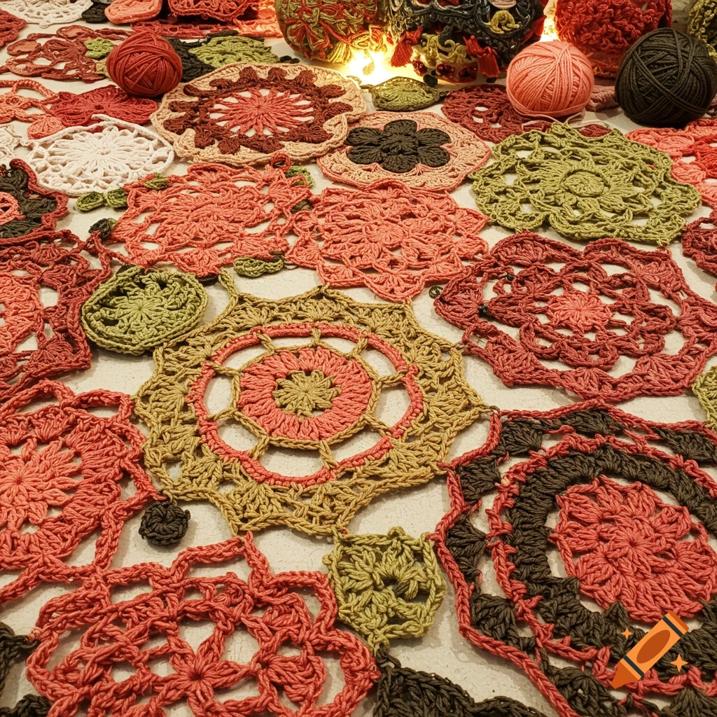 A close-up of various crochet doilies and balls of yarn in shades of pink, green, and brown spread across a light surface.