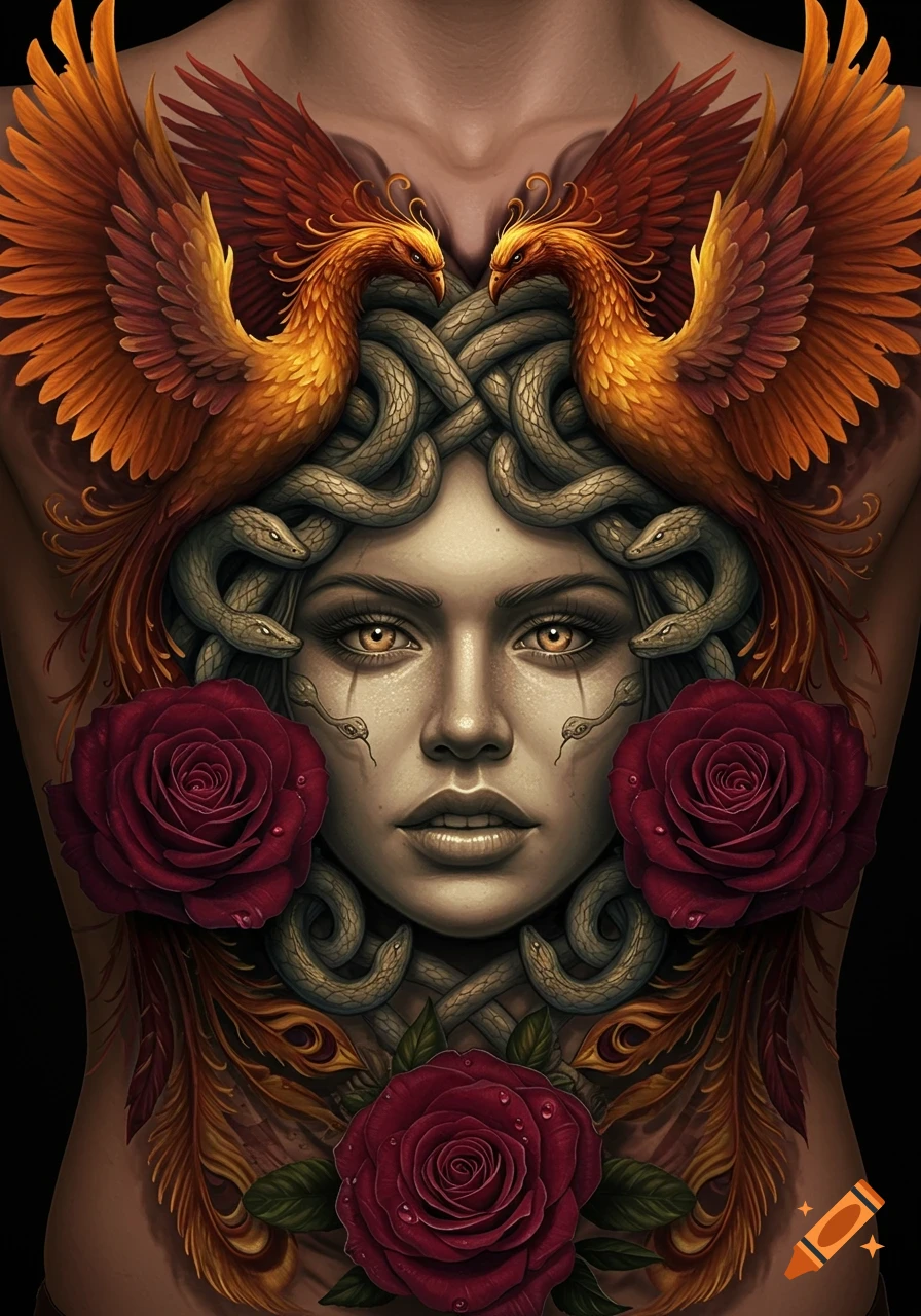 Detailed chest tattoo of Medusa with snake hair, flanked by two fiery phoenixes, surrounded by red roses on a human torso.