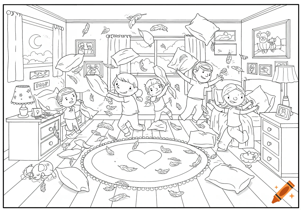Black-and-white line drawing of four cartoon children having a pillow fight in a bedroom, with feathers and pillows flying. Coloring book style.