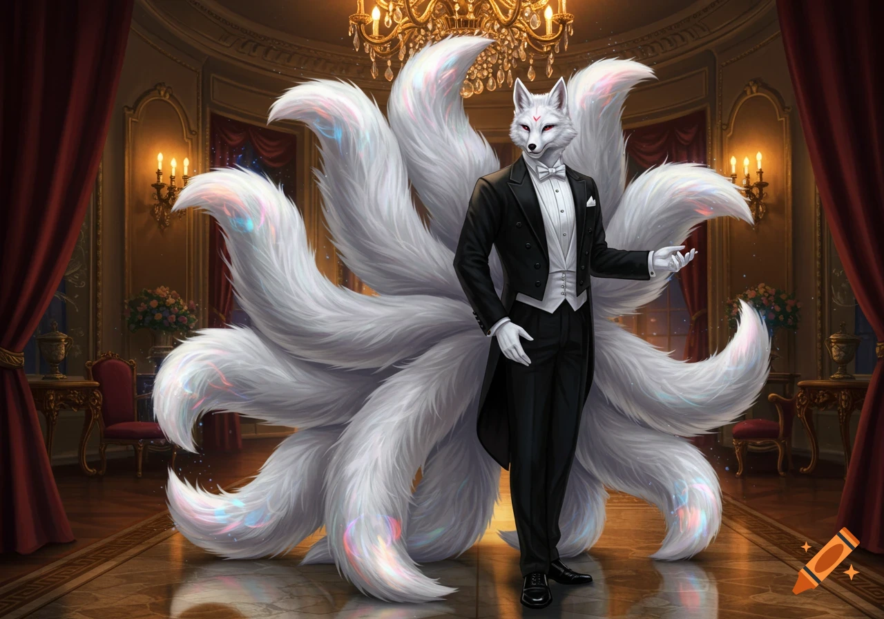 A dapper white kitsune male with nine iridescent tails stands in a luxurious ballroom, wearing a tuxedo. Illustrated style.