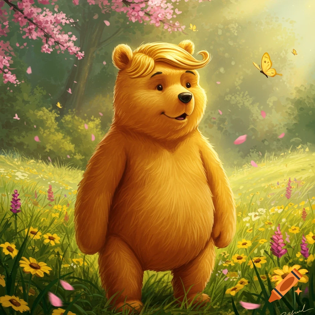 Cartoon Winnie the Pooh with a golden combover stands in a vibrant flower field with cherry blossoms.
