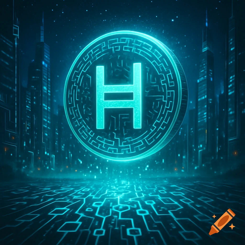 A glowing blue 'H' symbol centered against a dark, futuristic city skyline with digital circuit patterns on the ground.