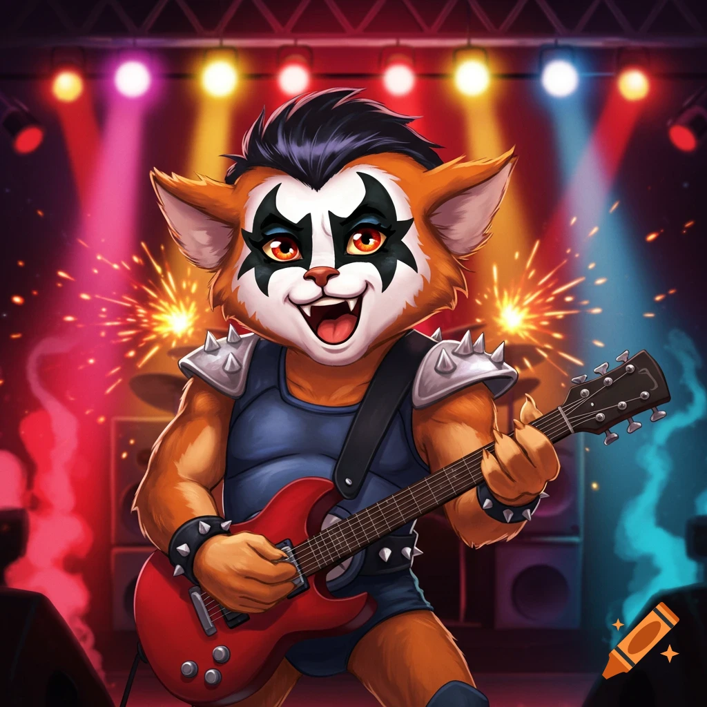 A cartoon cat wearing Kiss band makeup plays an electric guitar on a brightly lit stage with fireworks.