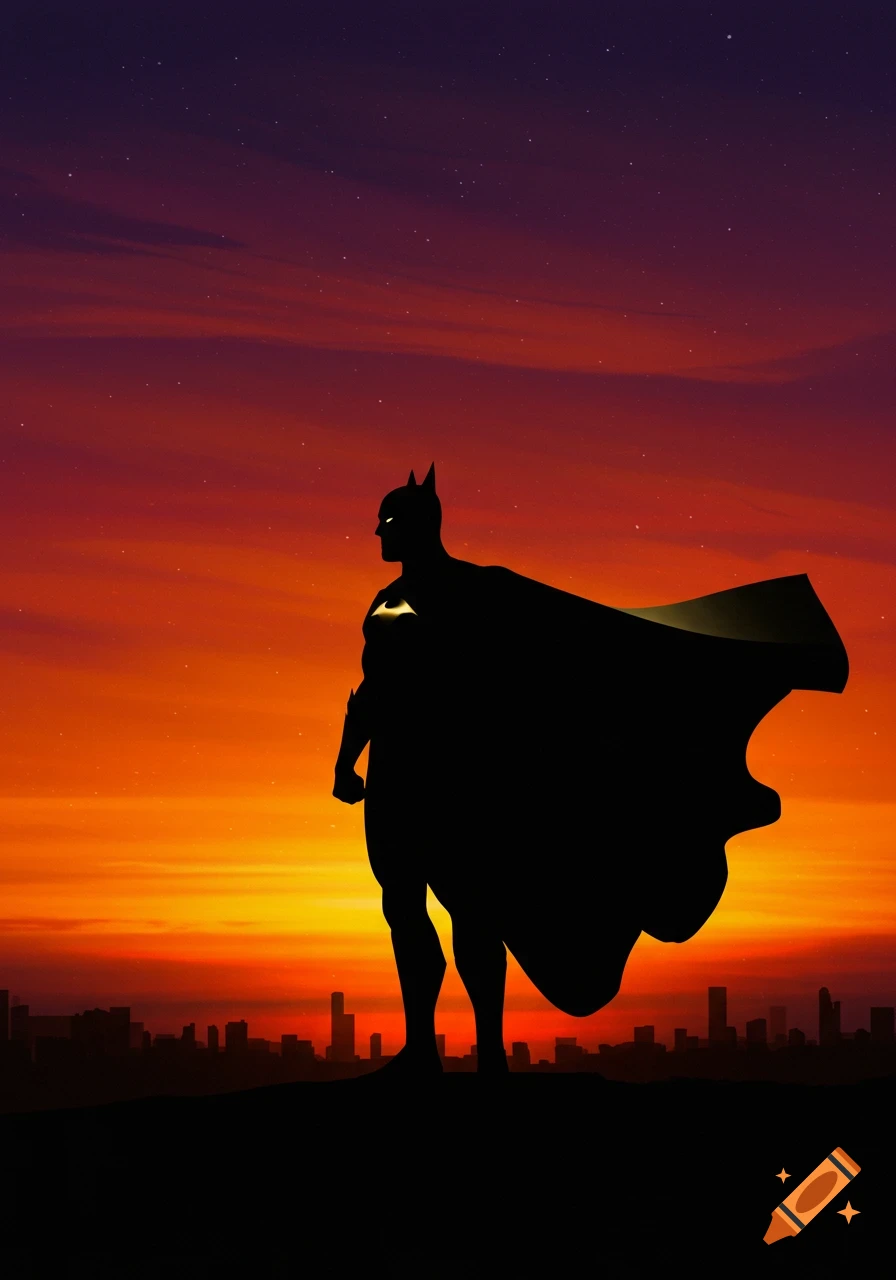 Silhouette of Batman with a cape standing on a rooftop overlooking a city skyline at sunset.
