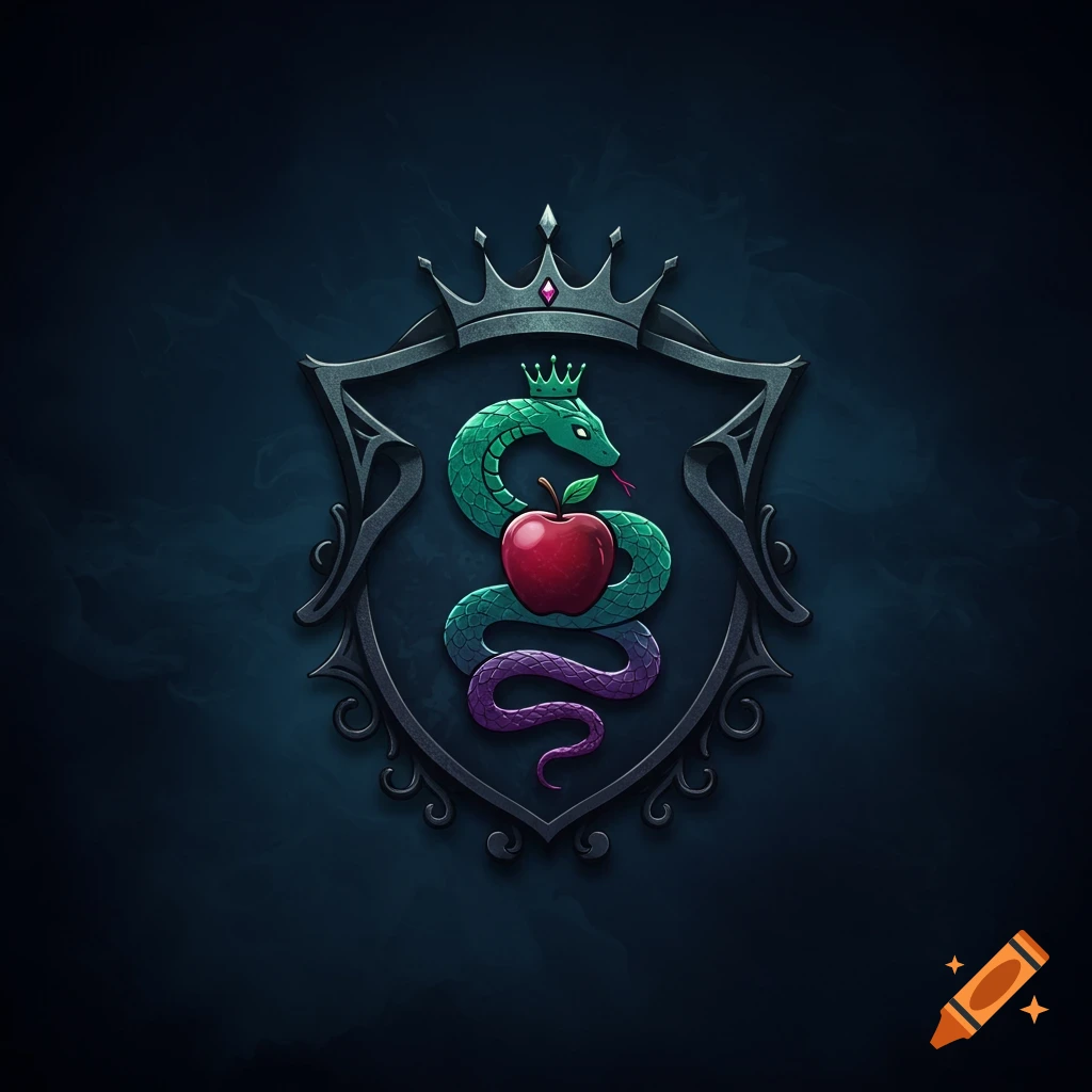 A stylized dark shield with a crown, featuring a green snake with a small crown coiled around a red apple.