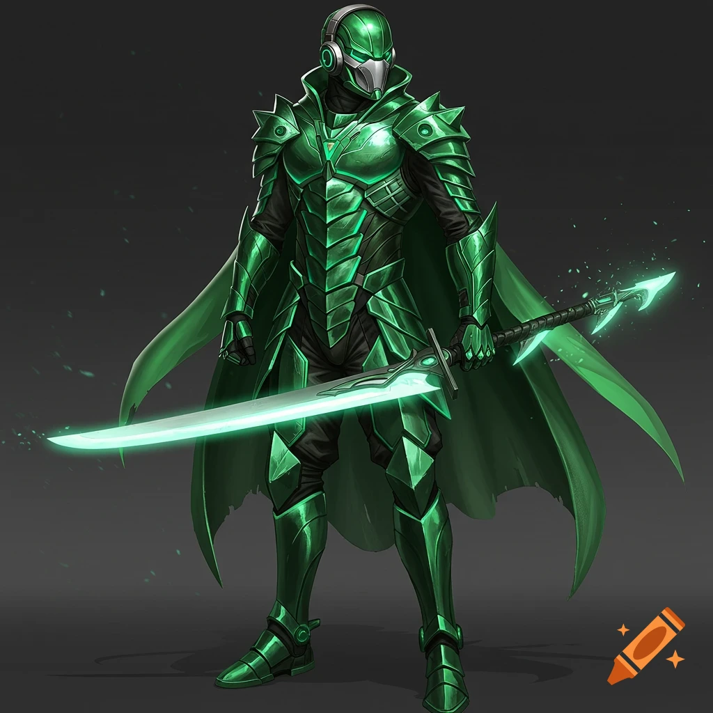A full-body illustration of a futuristic warrior in gleaming green armor and cape, holding a glowing sword, with headphones on.