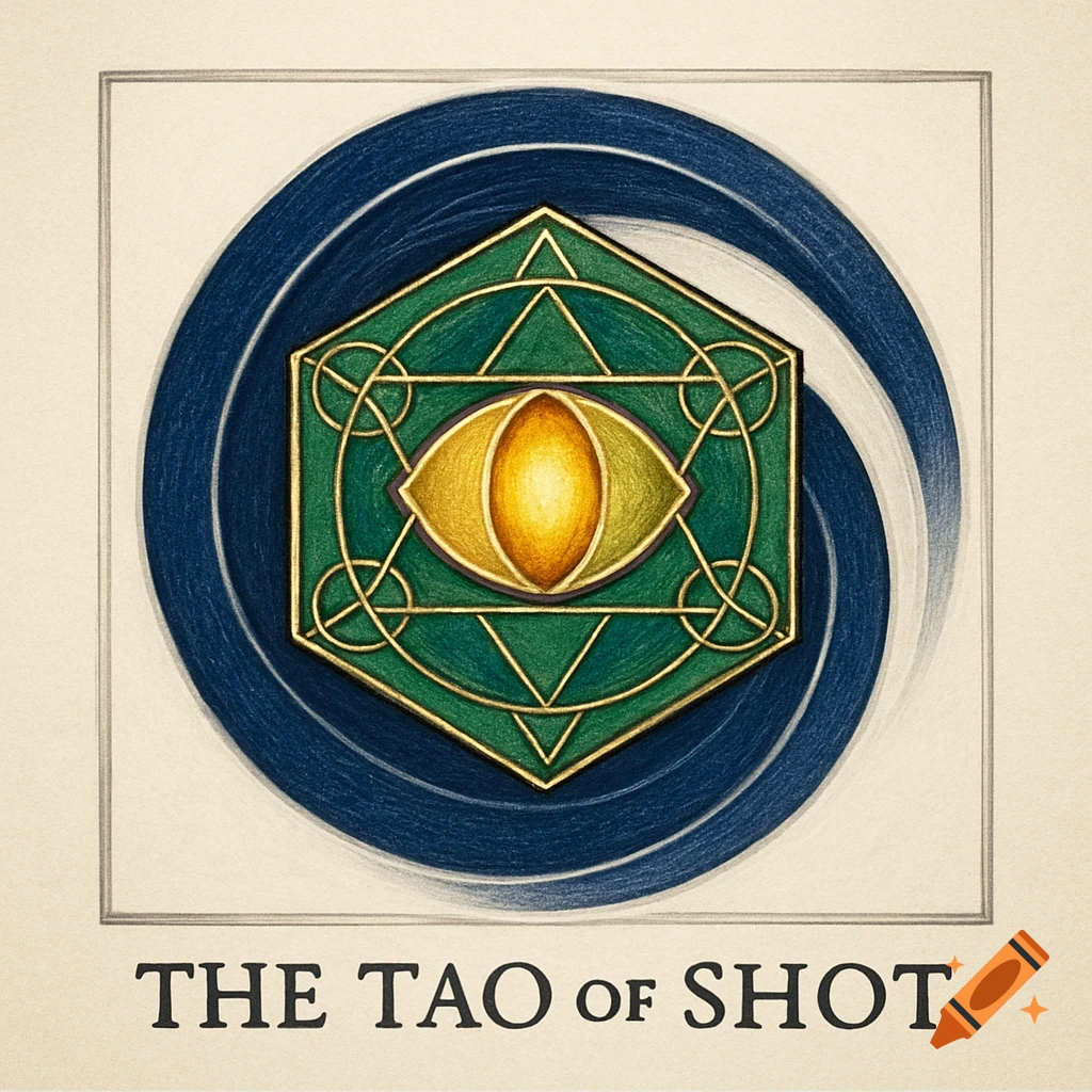 A sacred geometric mandala featuring a gold eye within a green hexagon, encircled by a blue and white spiral, with "THE TAO of SHOT" text below.