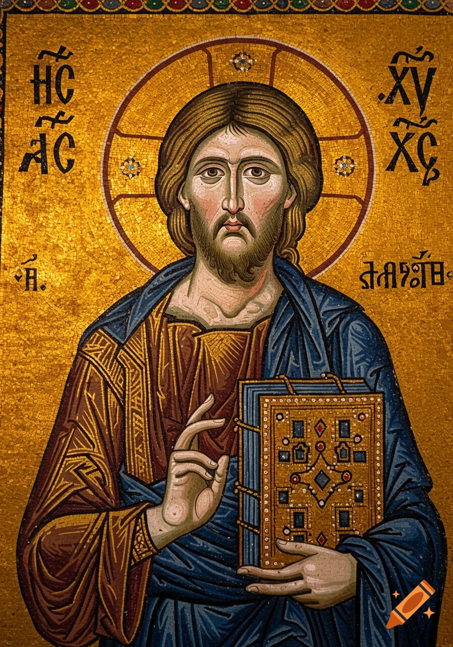 A detailed golden mosaic icon of Christ Pantocrator, depicted with a halo, holding a jeweled book, and surrounded by stylized text.