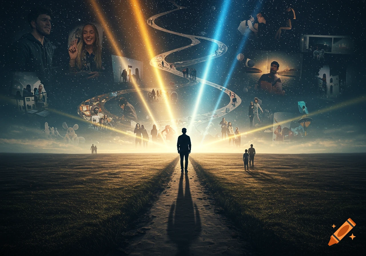 A person stands on a path, looking at a bright horizon, with a cosmic sky showing a swirling path of life moments in orange and blue light.