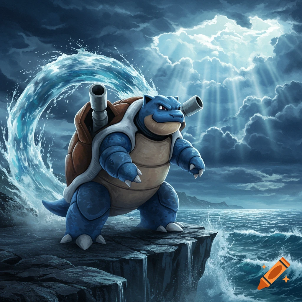 Blastoise stands on a rocky cliff by a stormy ocean, with a wave behind it and dramatic clouds above.