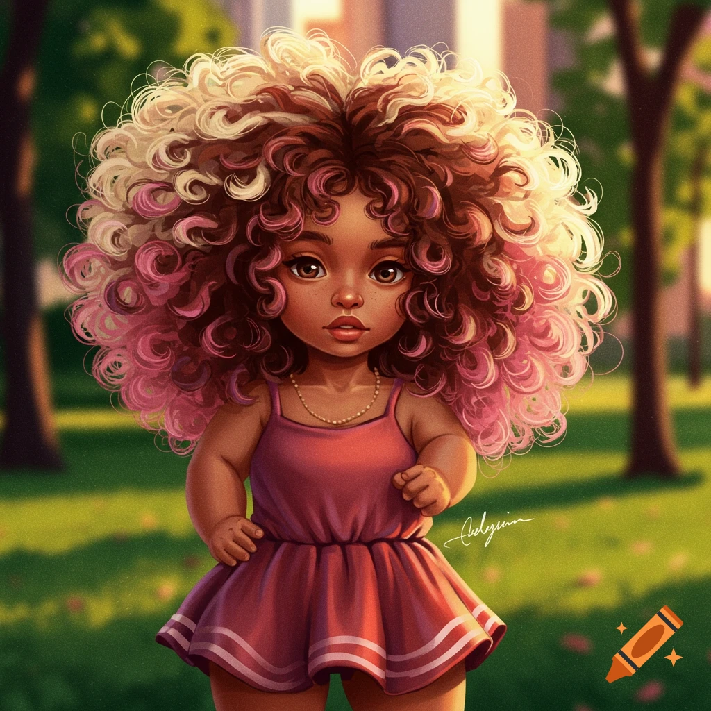 A cute, stylized illustration of a dark-skinned child with voluminous curly brown, blonde, and pink hair, standing in a sunny park.