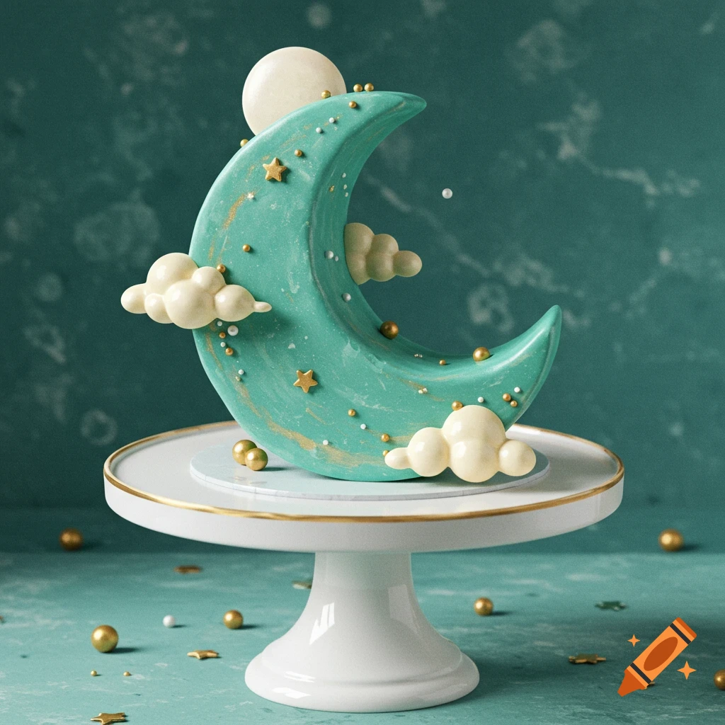 A crescent moon-shaped cake in seafoam green, decorated with gold stars, white pearls, and cream clouds, on a white cake stand.