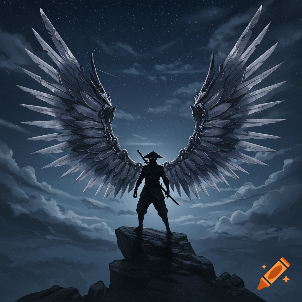 A silhouetted ninja with large metallic wings stands on a rock under a starry night sky.
