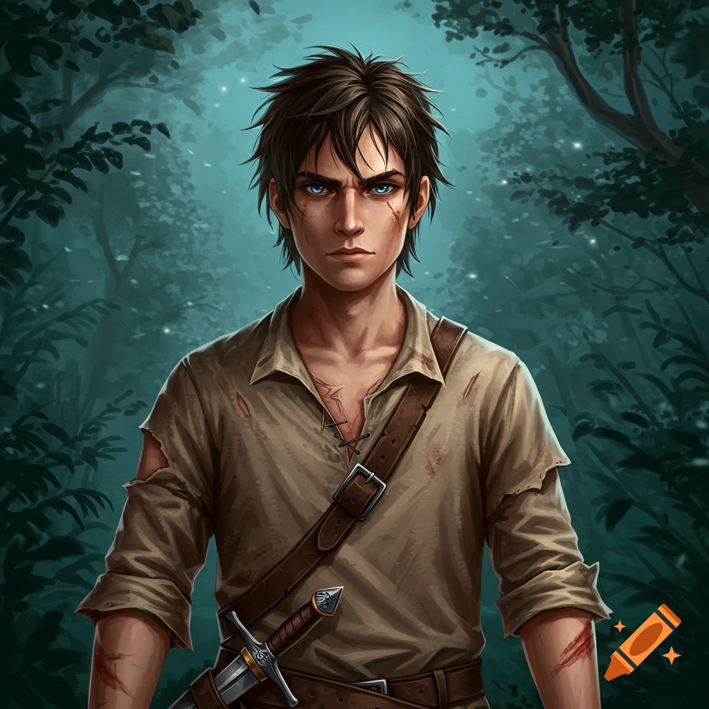 A young man with blue eyes, dark quaffed hair, and a scarred face wears a torn beige shirt and a sword at his hip, standing in a dark forest.